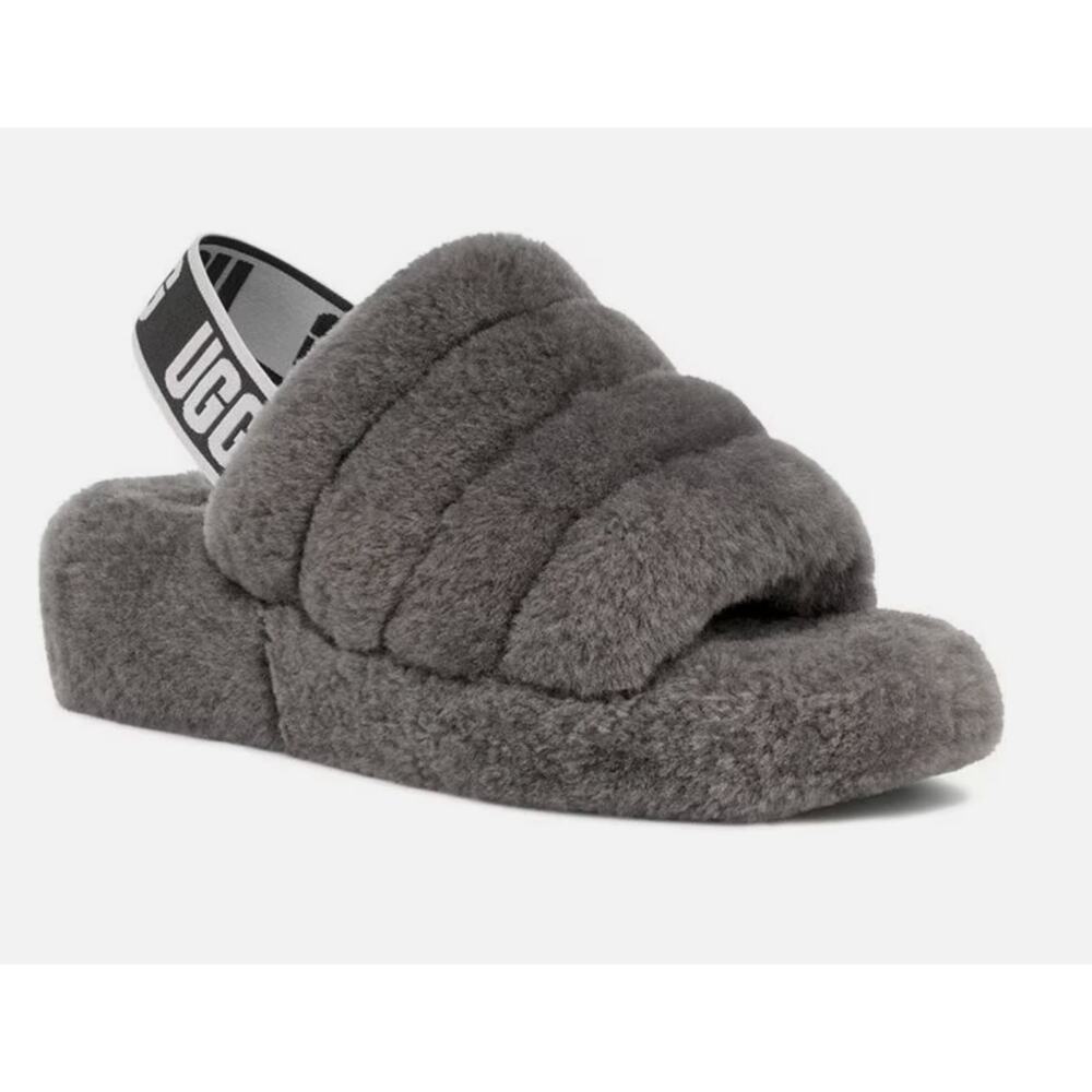 Ugg Fluff Yeah Platform Sandals Womens 8 Gray Slipper Fur Wool Lining NEW